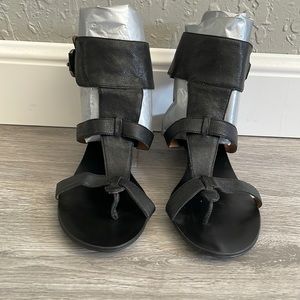 BCBG Gladiator Black Leather Low Wedge Heal Sandal Size 6.5